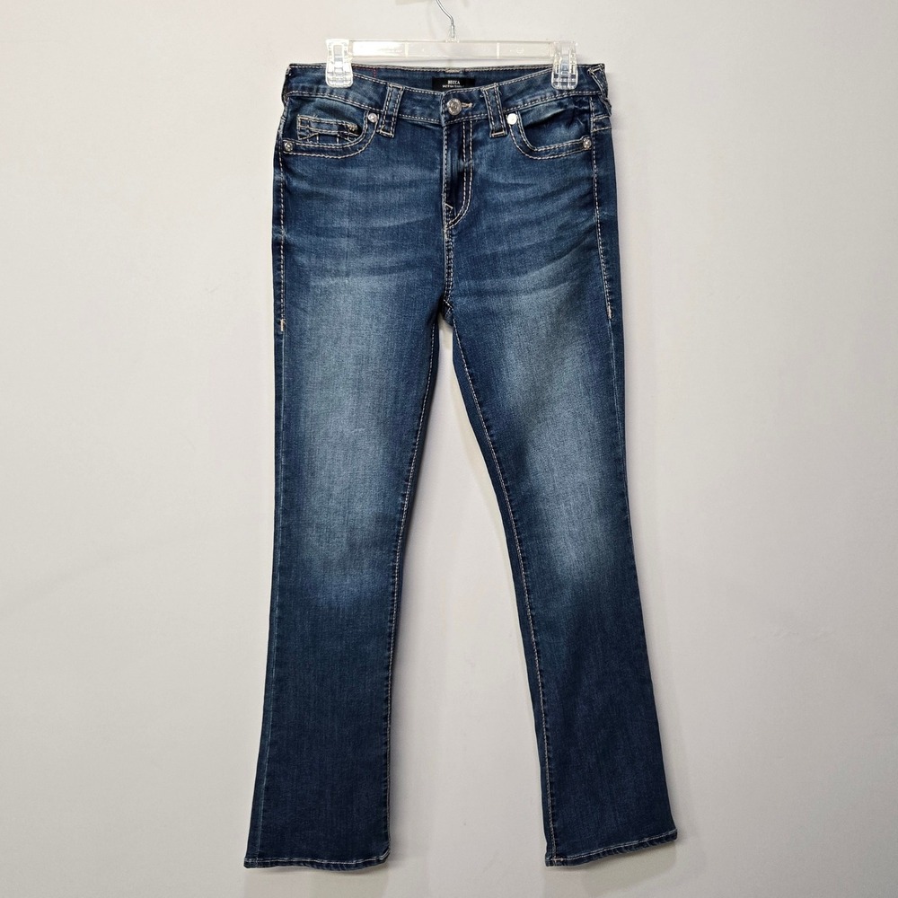 True Religion Becca Mid Rise Bootcut Jeans Women 29 Blue Stretch Flare Stitching